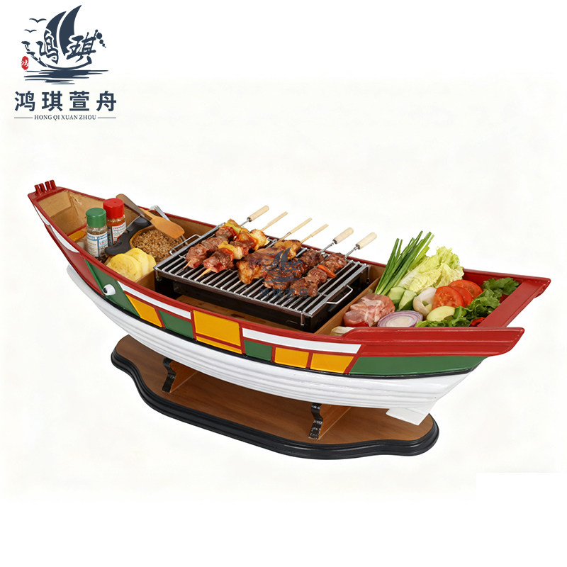 木质闽南船刺身船寿司店自助干冰料理船三文鱼海鲜拼盘龙虾装菜船