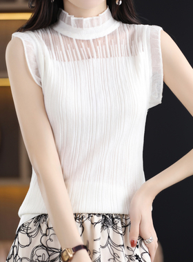短袖中国风打底背心女内搭针织坎肩春夏新款半高领性感无袖蕾丝上