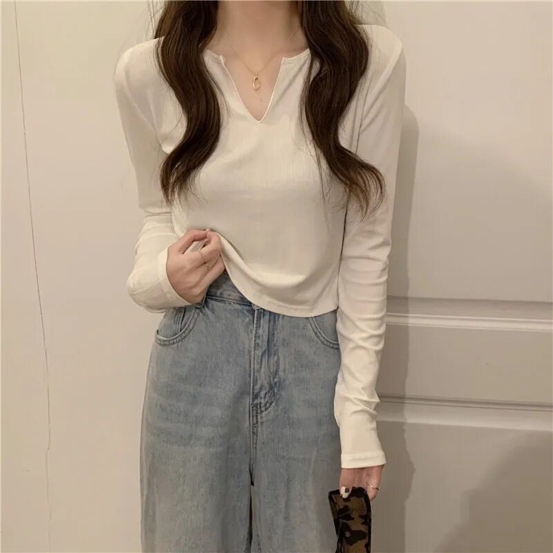 v领长袖t恤女秋季2025年新款韩版修身显瘦百搭打底衫短款学生上衣