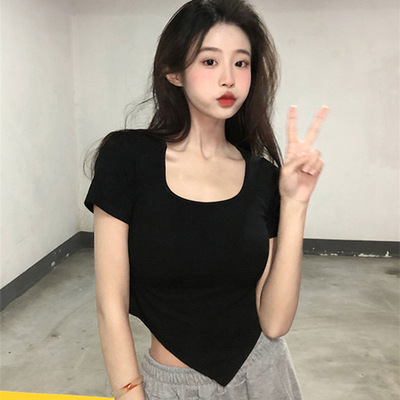 辣妹方领短袖女式夏季2025新款薄修身休闲上衣不规则潮ins少女T恤