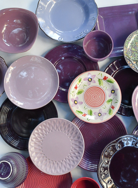 紫色系 陶瓷彩色盘子餐具菜盘平盘粥碗汤碗家用北欧西餐盘瑕疵品