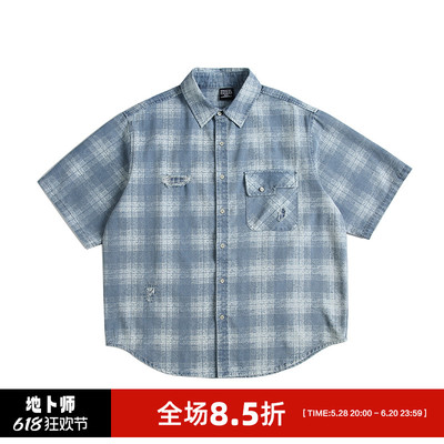 地卜师 美式复古水洗格子牛仔短袖衬衫男女宽松休闲设计牛仔外套