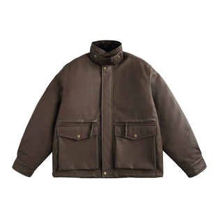 街头潮牌情侣机车风宽松工装 复古PU皮棉服男冬季 棉衣 美式 地卜师