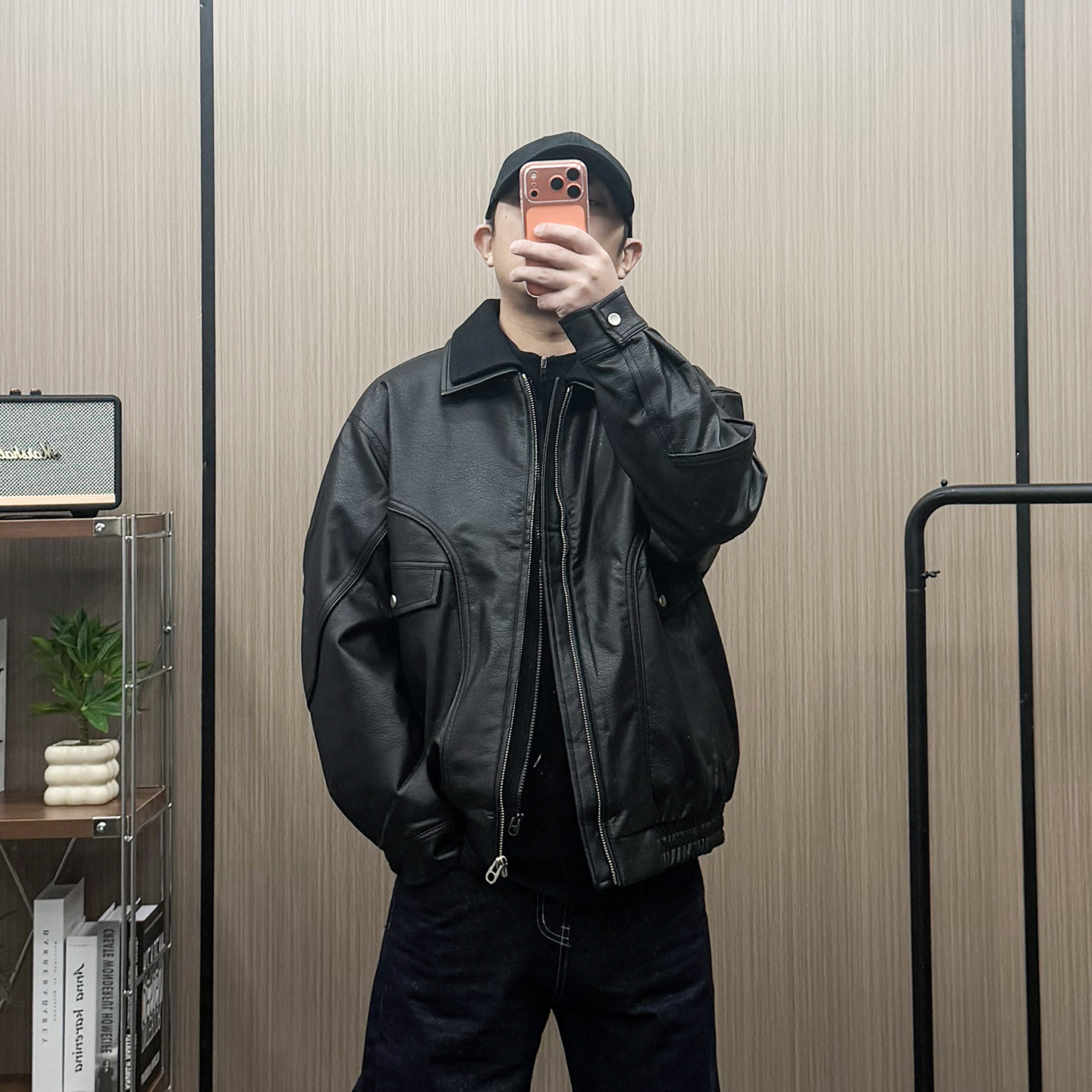 地卜师 工装羽绒服男士冬季新款翻领夹克加厚防风机车pu皮衣外套