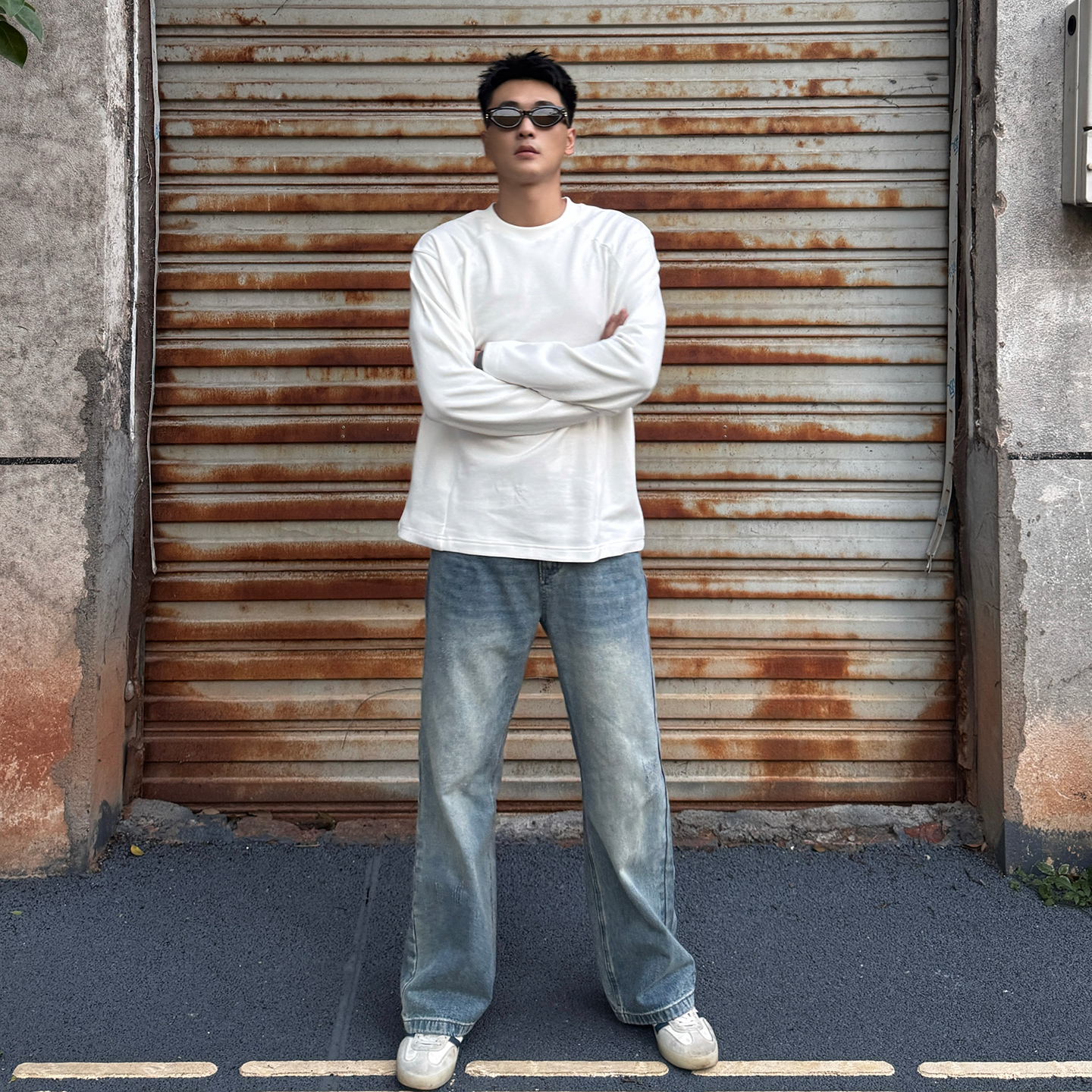 地卜师 秋季新款打底长袖T恤男士纯棉宽松上衣弹力百搭圆领体恤衫