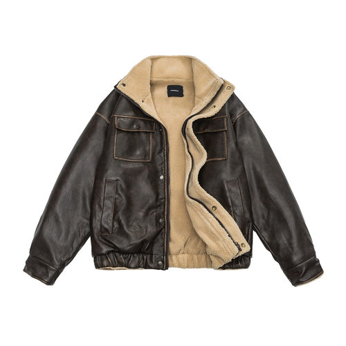 地卜师 复古羊羔毛外套男夹克加绒加厚冬季皮毛一体棉衣机车皮衣