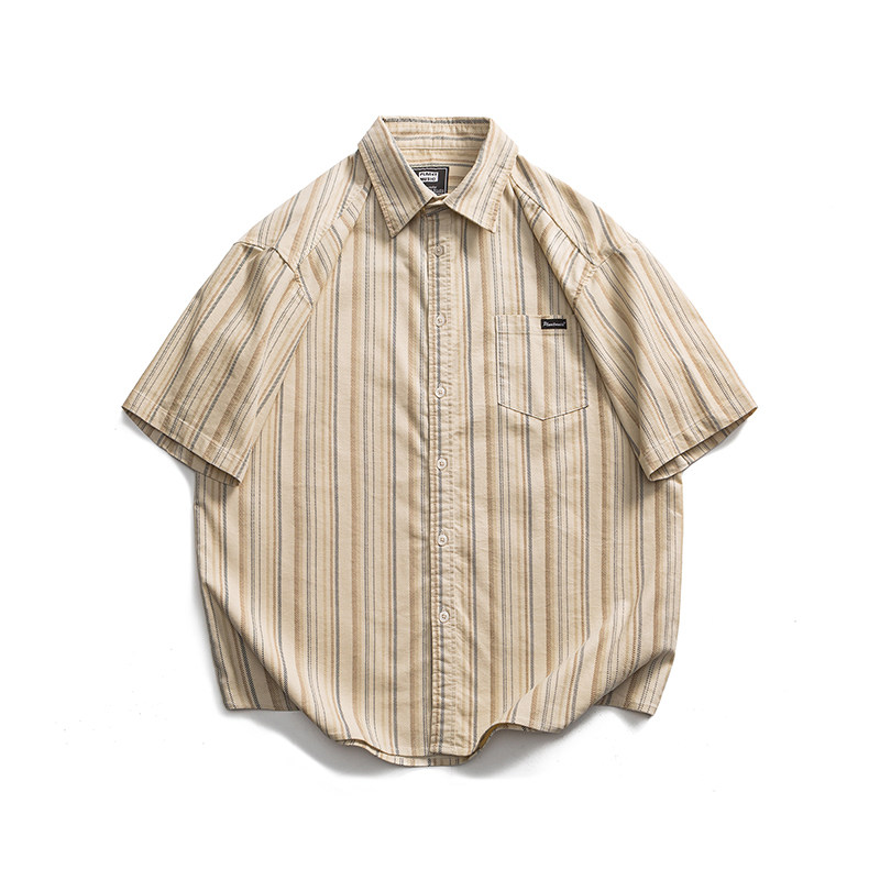 地卜师 美式oldschool衬衫男短袖日系休闲夏威夷条纹衬衣男夏季