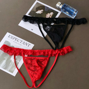 男士性感内裤丁字裤蕾丝细带双丁露臀低腰透明底裤头sexy Tback