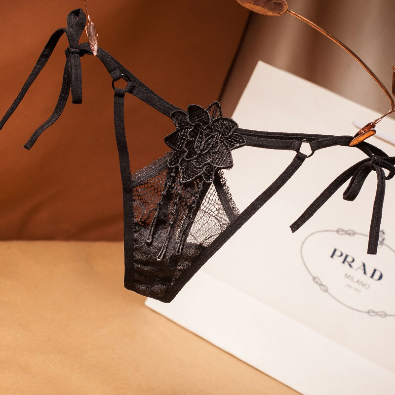 秋冬新款侧绑带内裤女蕾丝性感大码胖子系带镂空丁字裤低腰t裤