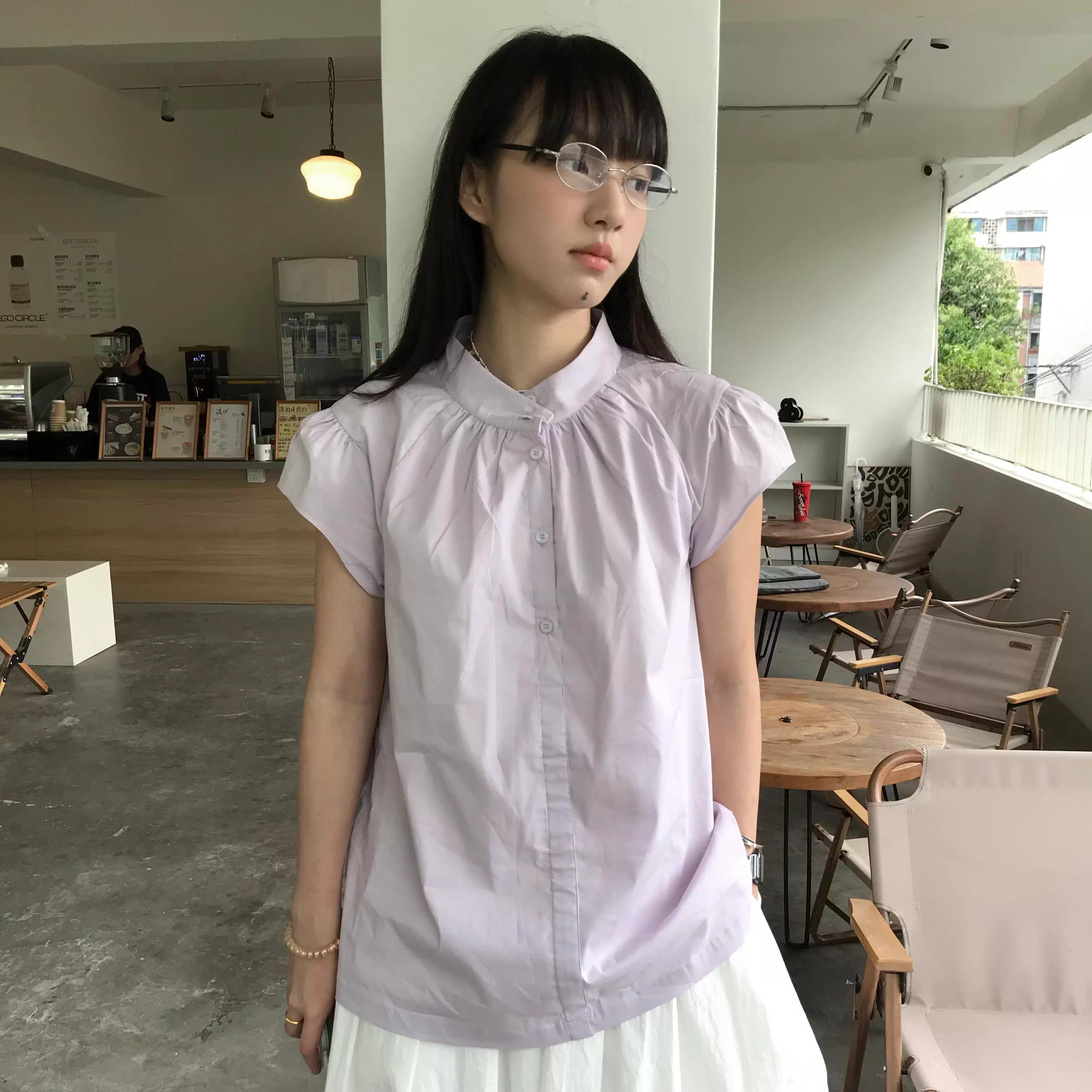 夏季新款小飞袖立领紫色短袖衬衫