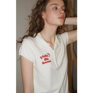 春夏女装复古撞色刺绣小飞袖短袖polo领冰丝针织衫法式上衣T恤