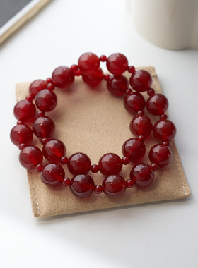 同款天然红玛瑙手链女双圈叠戴双用红玛瑙锁骨链设计