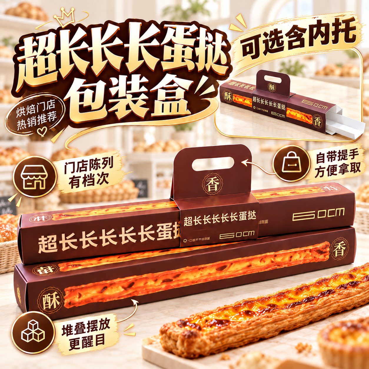 网红超长长蛋挞长条手提包装盒含内托蛋糕店商用打卡引流神器60cm