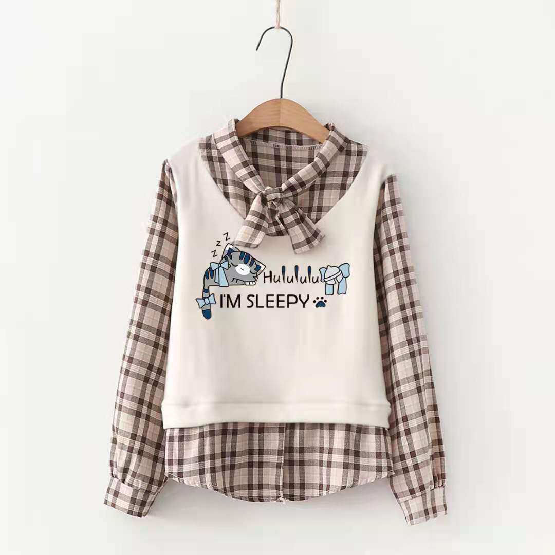 棉高中生假两件衬衫秋装宽松初中生格子学院风衬衣甜美新款少女装