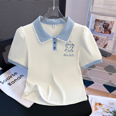 娃娃领短袖T恤少女夏装2025新款初中高中学生学院风修身短款上衣