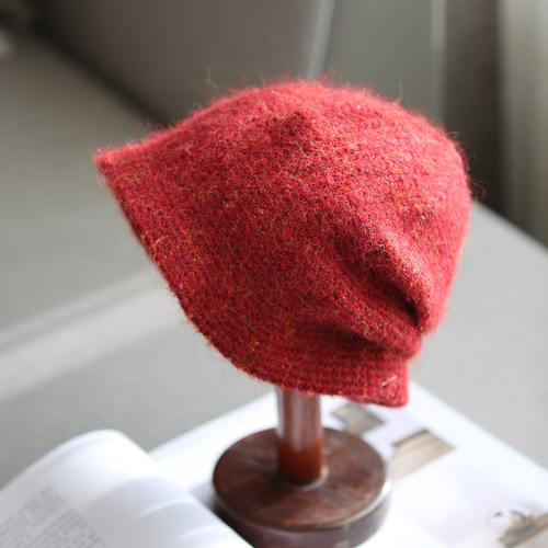 羊毛金丝红色针织渔夫帽
