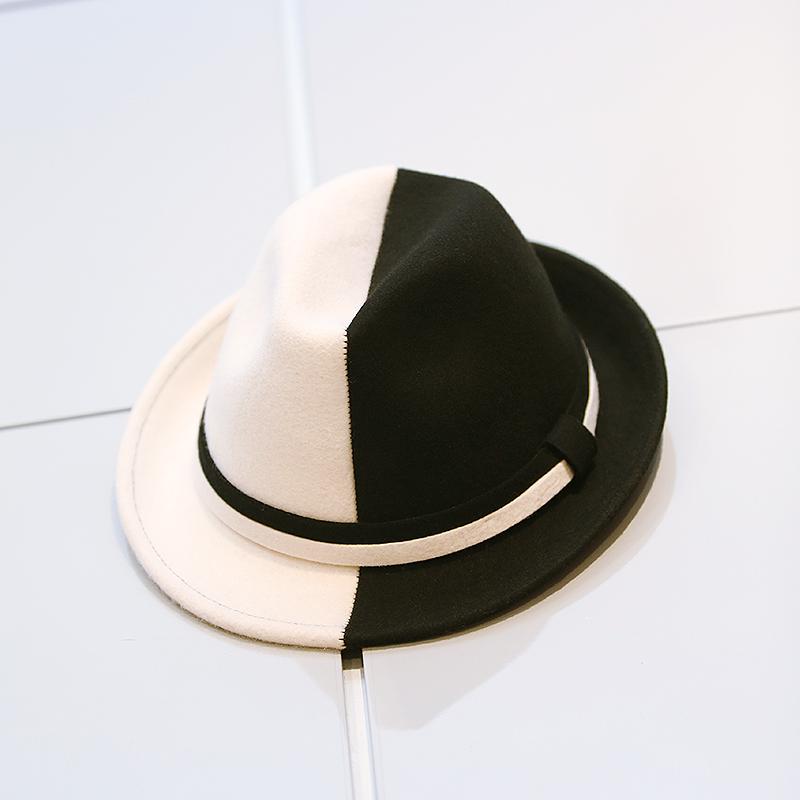 英伦复古礼帽男女通用秋冬羊毛毡帽爵士帽黑白撞色纯羊毛呢秋冬帽