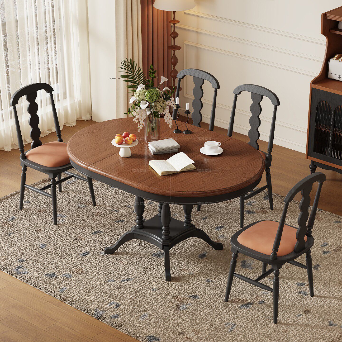 法式复古家用实木伸缩餐桌椅美式中古风客厅小户型可折叠圆形饭桌