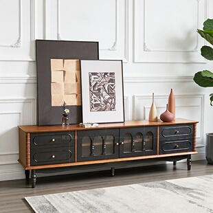 法式 复古实木复古电视柜茶几组合收纳储物柜小户型客厅家用电视柜