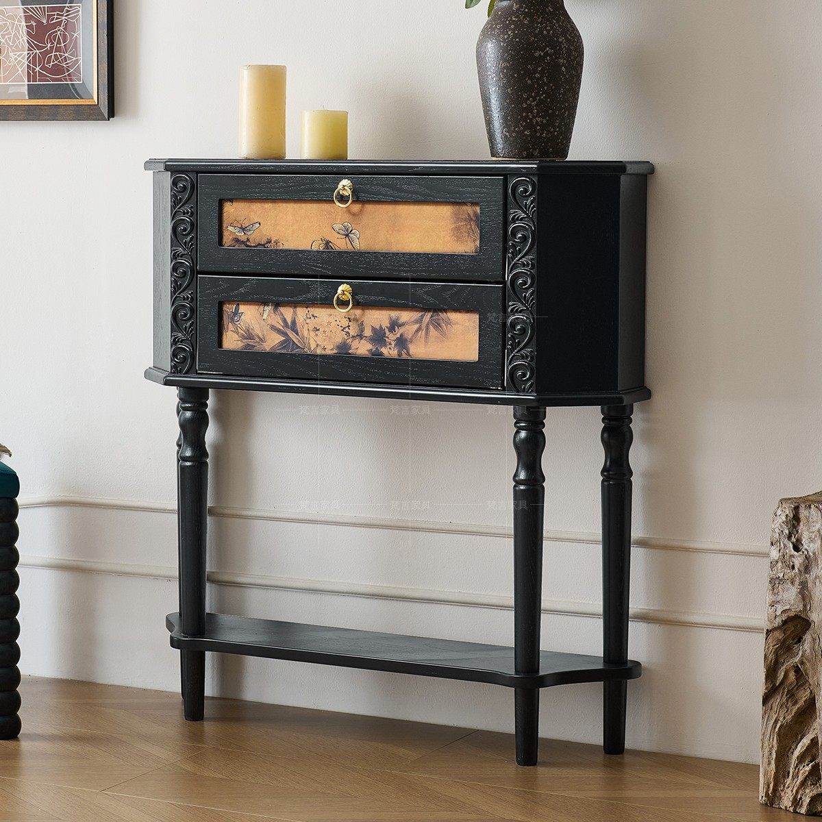 法式复古玄关柜实木黑色香云纱客厅入户装饰柜中古风展示柜玄关台