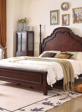 法式中古风实木床双人床硬靠床1.8米美式复古实木主卧床大提琴床