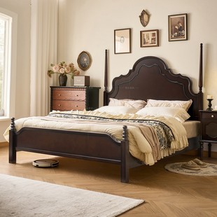 法式 复古实木主卧床大提琴床 中古风实木床双人床硬靠床1.8米美式