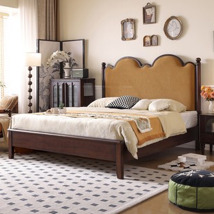 美式 复古软包大床樱桃木实木大床 中古风实木床1.8米双人主卧法式