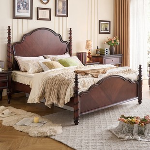 美式 复古高端大气主卧室床 复古实木床1.8米双人床胡桃木大床法式