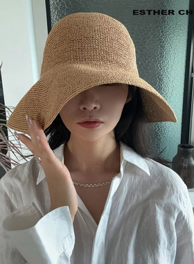 ESTHER CHEUNG老钱单丝草法式大檐草帽可折叠出游度假遮阳帽子