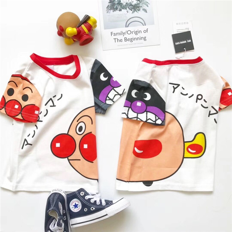 2024夏新品卡通面包宝宝超人男女儿童拼袖设计圆领短袖T恤上衣