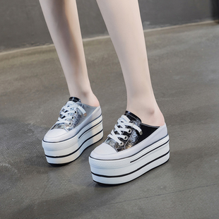 欧洲站厚底包头半拖鞋女外穿内增高10cm夏松糕真皮一脚蹬懒人凉拖