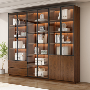 书柜带玻璃门展示酒柜家用客厅模型一体整墙到顶书架实木胡桃木色