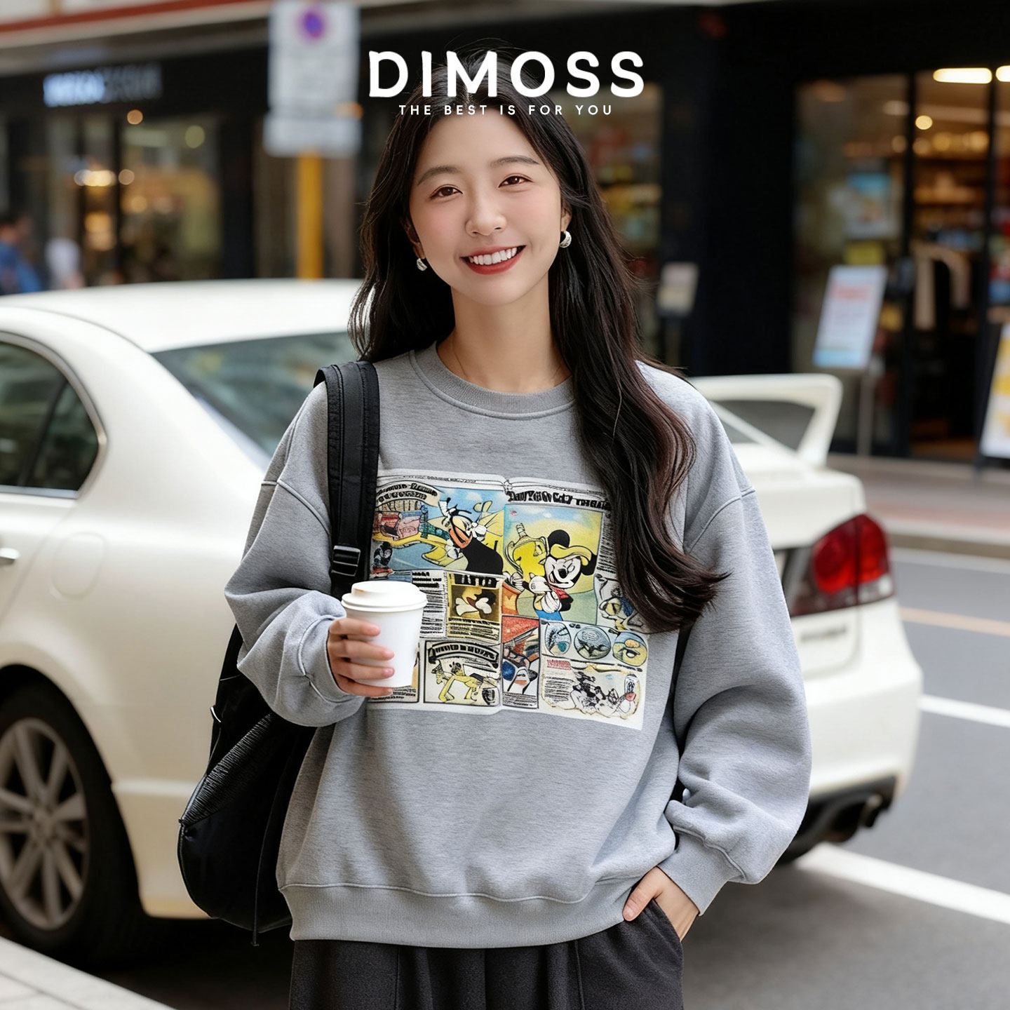 冬季米奇美式宽松显瘦百搭印花圆领卫衣女慵懒风加厚灰色套头上衣