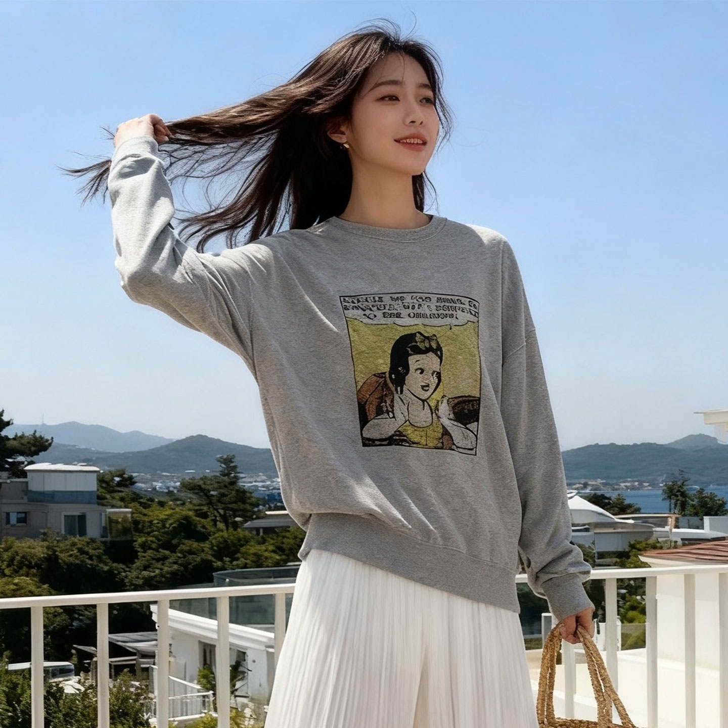 韩版洋气公主卡通印花宽松灰色女套头卫衣慵懒气质百搭圆领上衣