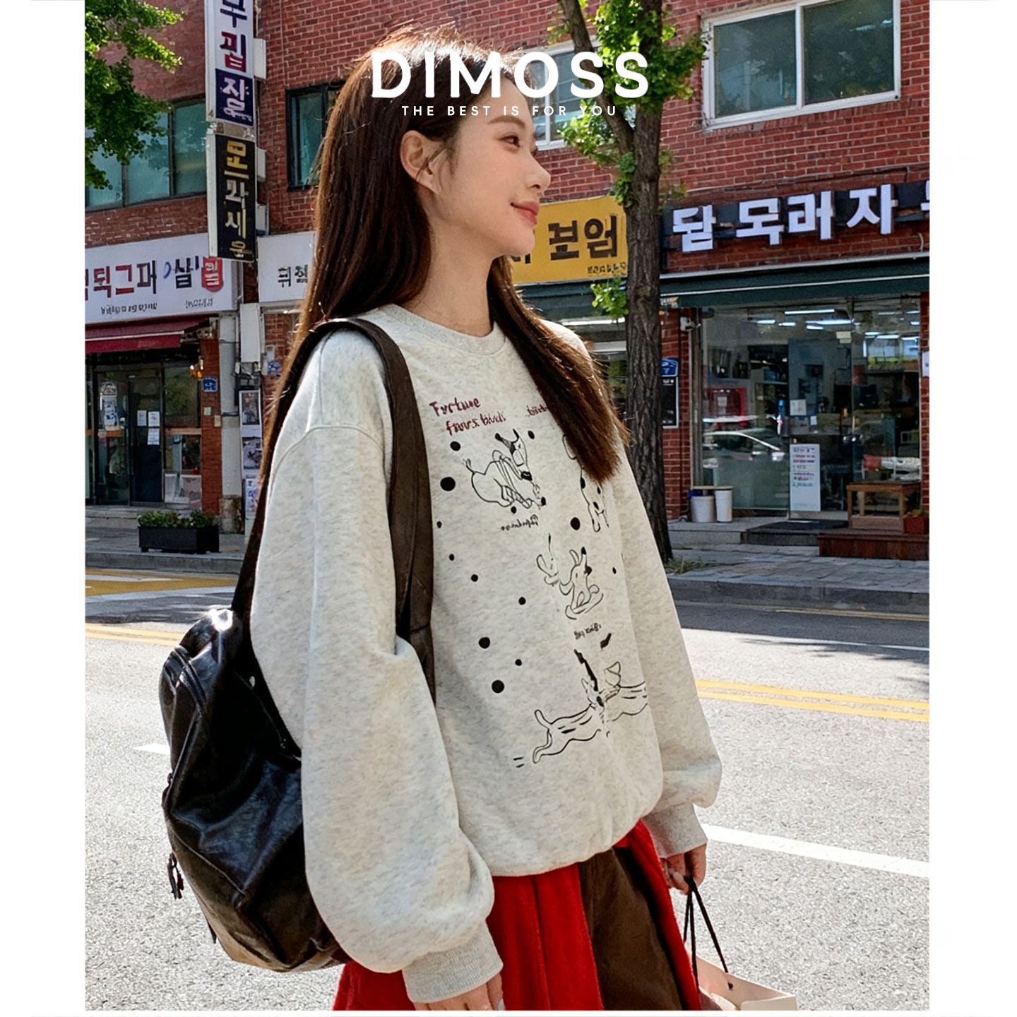 卡通可爱风灰色卫衣外套女oversize美式无帽长袖圆领动物印花上衣