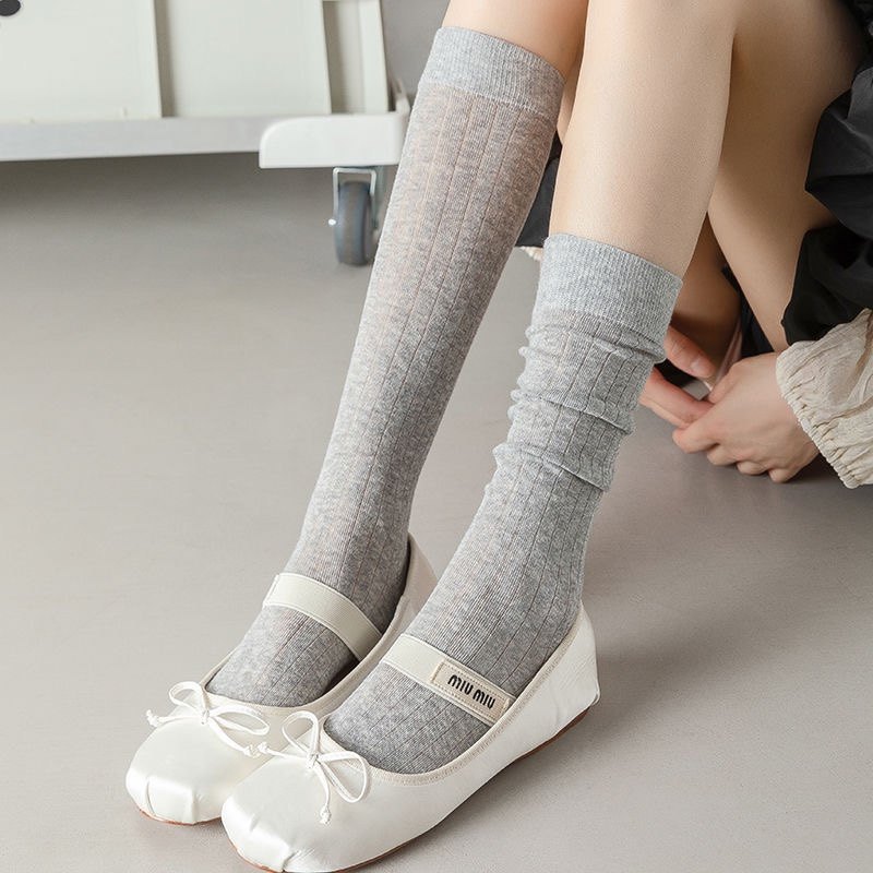 浅灰秀款小腿袜女棉薄高筒竖条纹中长筒INS堆堆袜及膝纯色长袜,女士内衣/男士内衣/家居服,长筒袜,淘宝优惠券,粉丝福利购,淘宝优惠卷