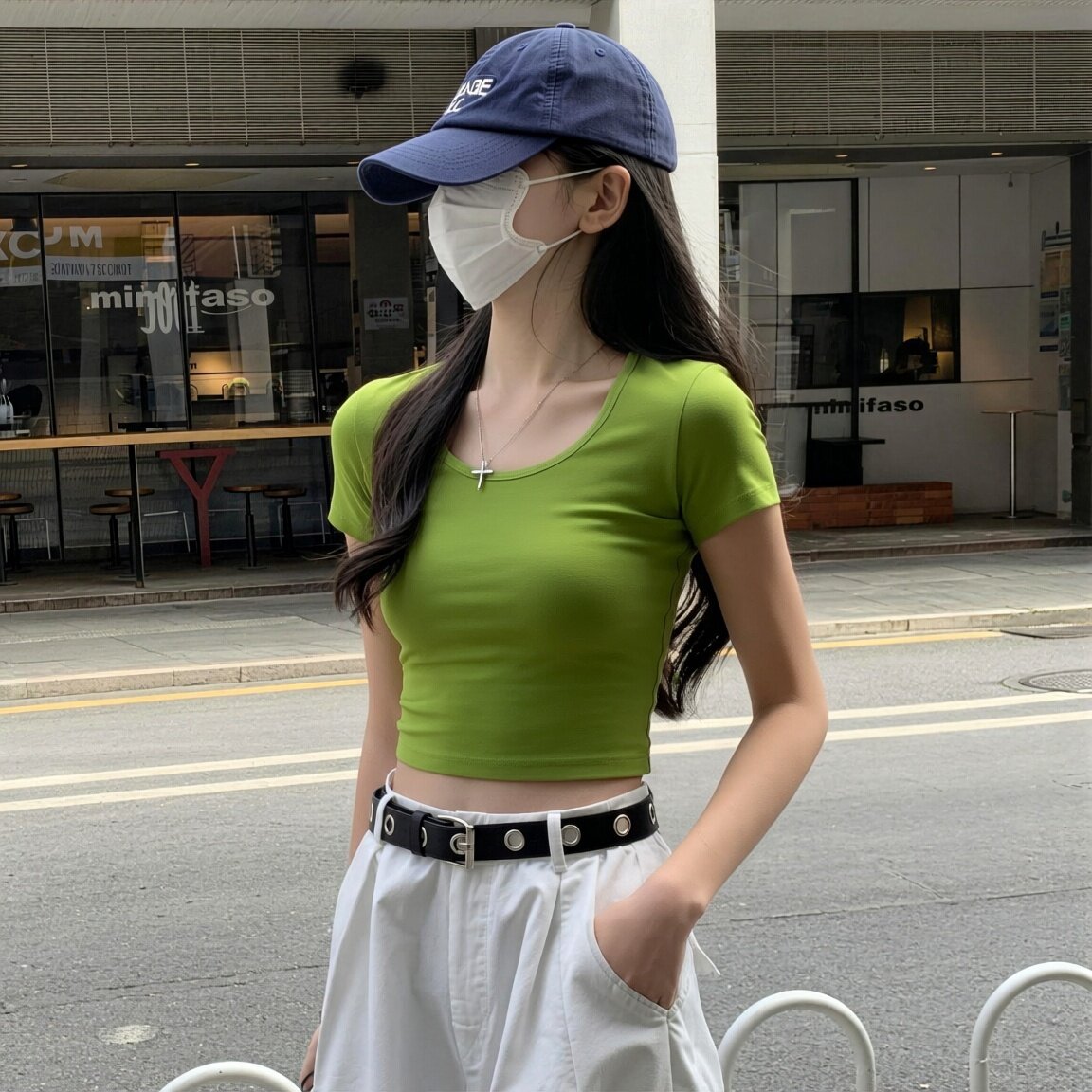 多巴胺牛油果绿修身短袖T恤女