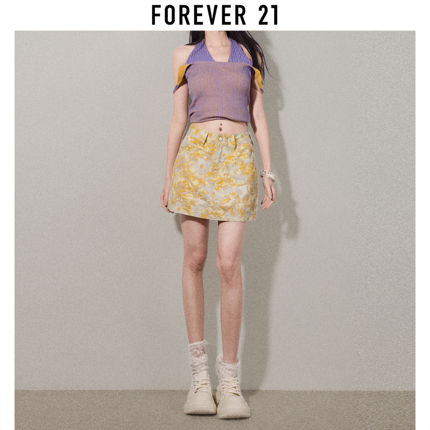 Forever 21美式复古扎染印花牛仔短裙女夏季新款a字高腰包臀裙