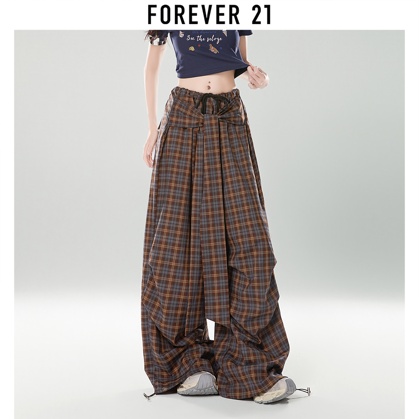 Forever 21高街格纹阔腿休闲裤女2025年新款高腰显瘦垂坠感拖地裤