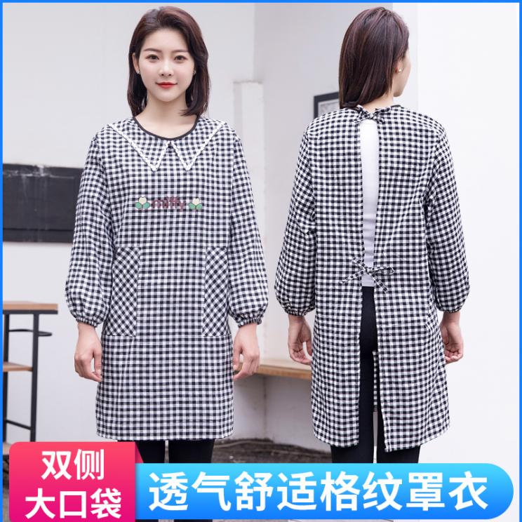 韩版时尚长袖纯棉女罩衣成人可爱反穿衣带袖围裙厨房做饭围裙包邮