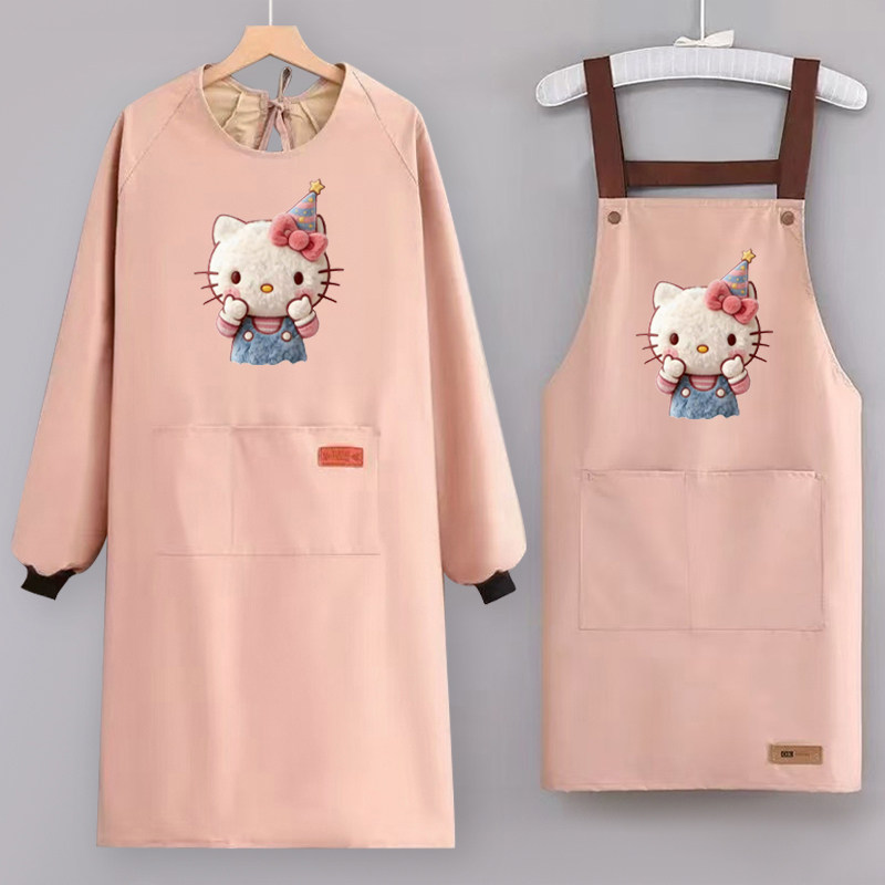 Hello Kitty卡通围裙女厨房防水防油长袖罩衣可爱工作服防油污