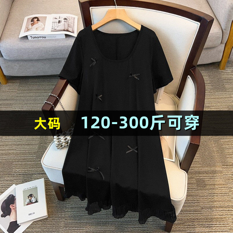 特大码黑色连衣裙女夏季薄款