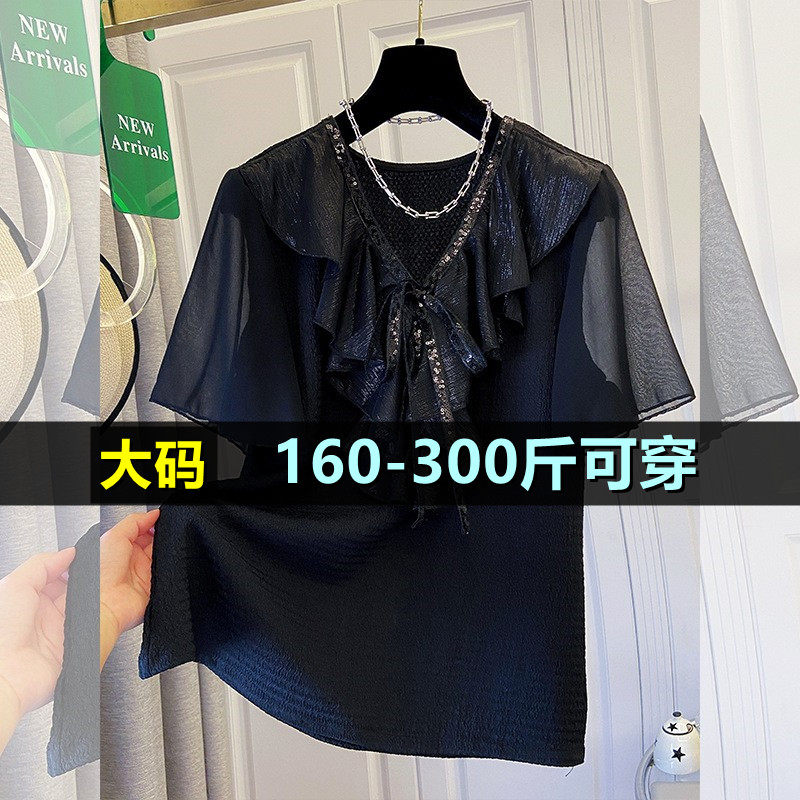 特大码雪纺短袖t恤女夏季200胖mm