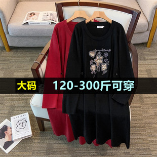 特大码长款毛衣连衣裙女秋冬200斤胖mm300加肥加大韩版宽松针织裙