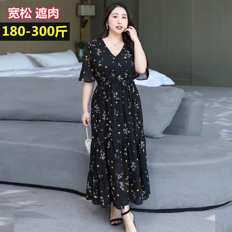 300斤特大码女装法式碎花连衣裙夏240胖mm200宽松遮肉260雪纺裙子