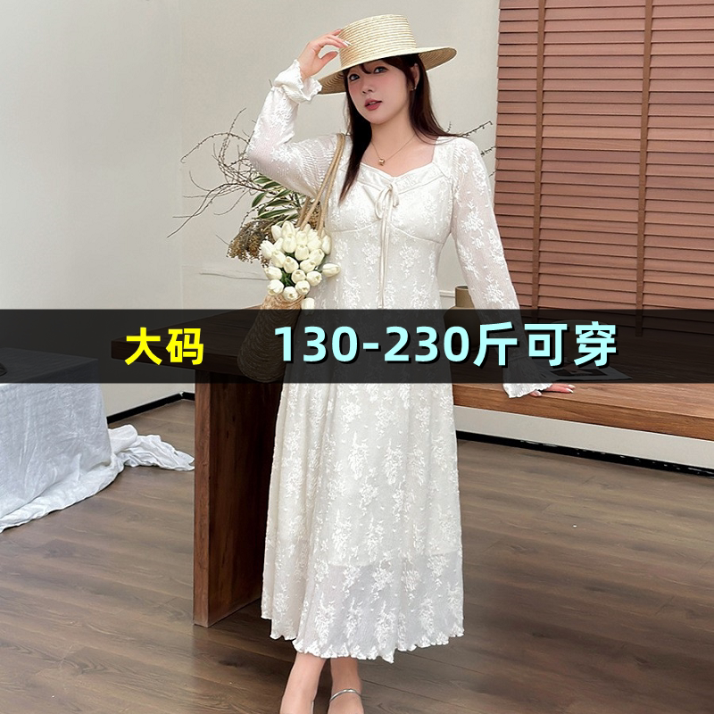 大码蕾丝连衣裙女春夏200斤胖mm220法式温柔风减龄显瘦中长款裙子