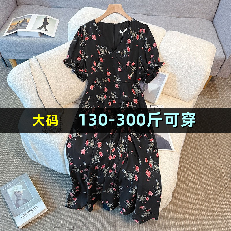 大码女装复古V领碎花连衣裙200斤