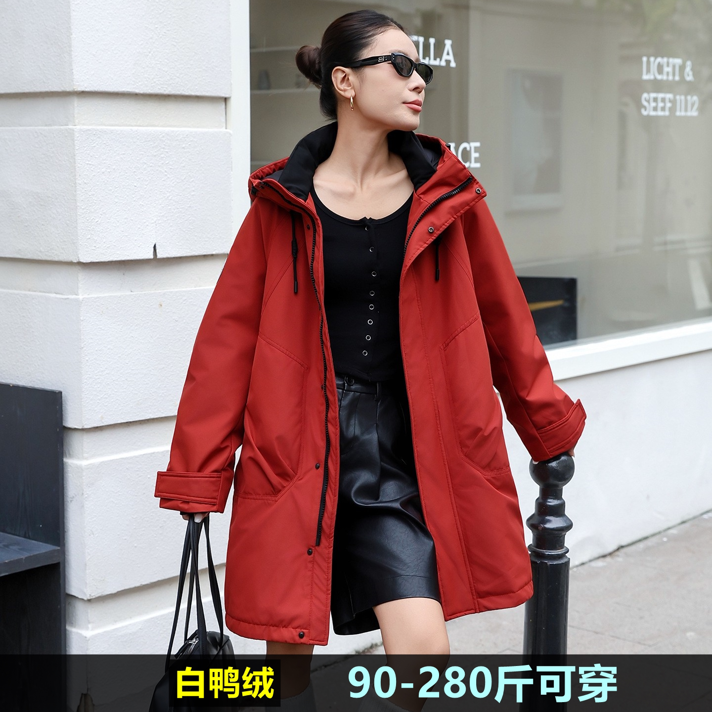 大码工装羽绒服女连帽中长款冬装