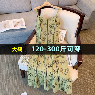 特大码女装设计感吊带连衣裙夏季200斤胖妹妹300收腰显瘦甜美长裙