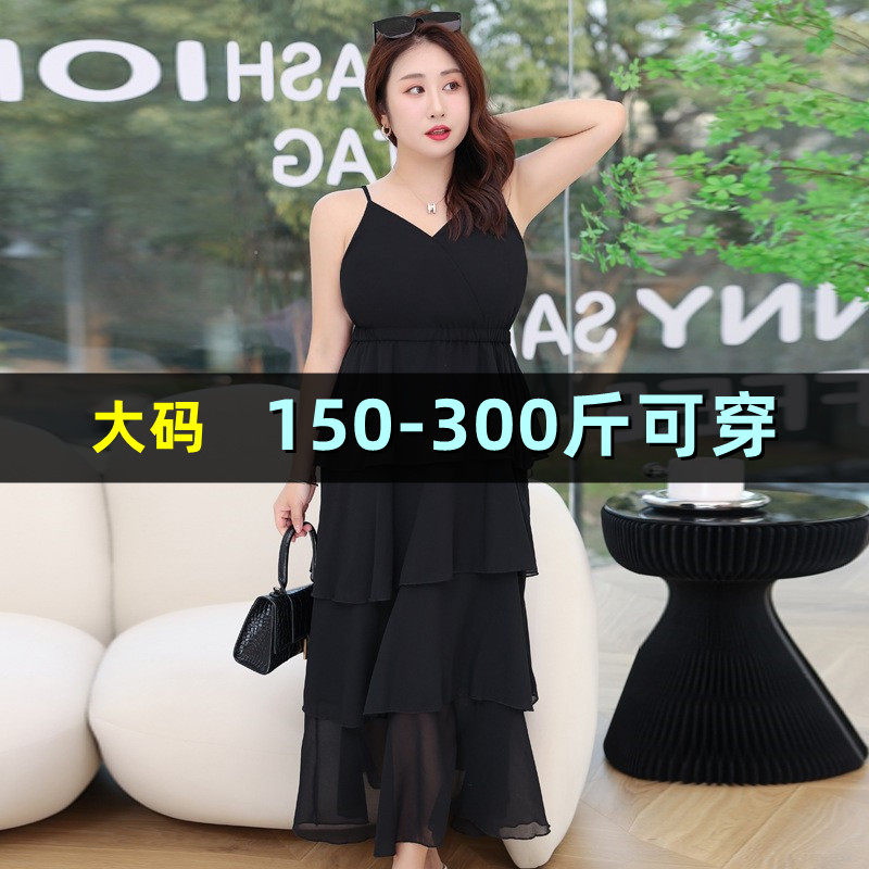 300斤特大码吊带连衣裙女夏新款胖mm200V领显瘦遮肉雪纺蛋糕裙子